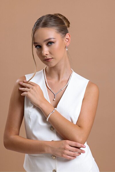 Birinci1926 14 Ayar Altın 7 Mm Suyolu Doğal Inci Küpe Kolye Bileklik Üçlü Set