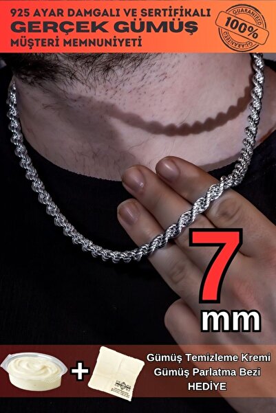 OSMANLI GÜMÜŞ Erkek Gümüş Kolye - 7mm Burma Model Halat Gümüş Kolye Zincir Gk...