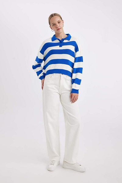 DeFacto Regular Fit Polo Neck Buttoned Striped Sweater A2357Ax24Wn