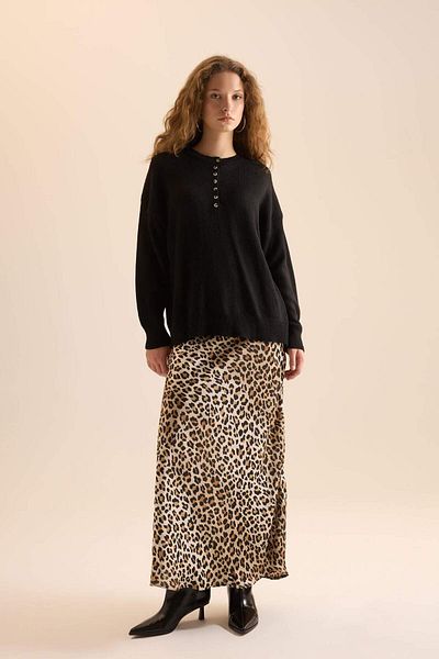 DeFacto Straight Fit Κανονική μέση Λεοπάρ Σατέν Φούστα Maxi D6886AXNS