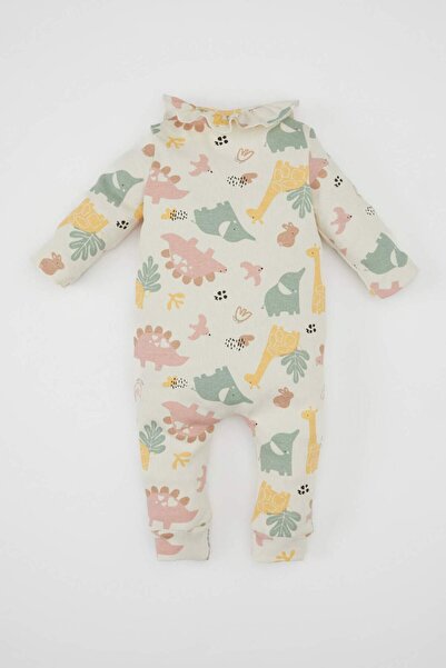 DeFacto Kız Bebek Yenidoğan 2li Takım Düğmeli Çıtçıtlı Safari Baskılı Fitilli Kaşkorse Uzun Kollu Tulum Saç