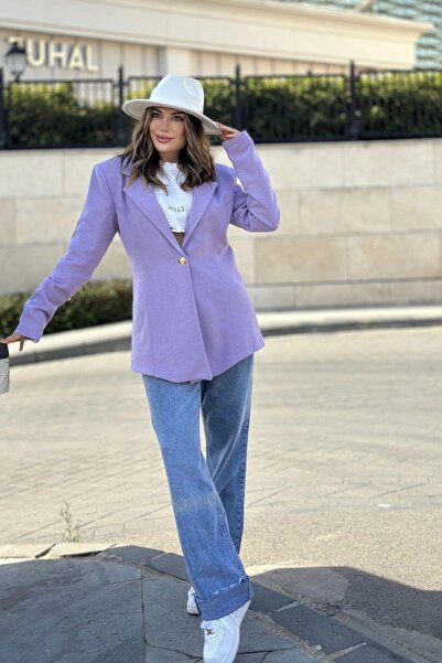 NEW LAVİVA Women's Lilac Lined, Single Button, Body Fitting, Ribbed Stamp Fabric Blazer Jacket