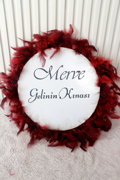 Mortex Bordo Tüylü Otrişli Gelin Tefi 28 cm 3D Çiçek Süslemeli Kına Düğün Ned...