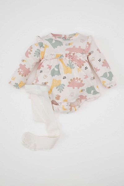 DeFacto Baby Mädchen Neugeborenes 2-teiliges Set geknöpft Safari bedruckt Langarm Strampler Socken D2700A524AU