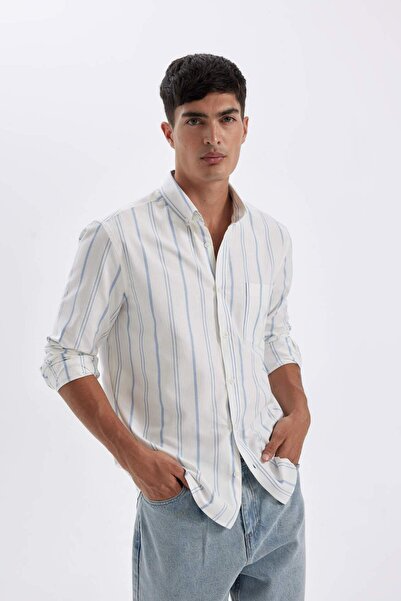 DeFacto 100% бавовна, прямий крій, оксфордська тканина, ґудзики, смужки, довгі рукави, сорочка D3500AX24AU