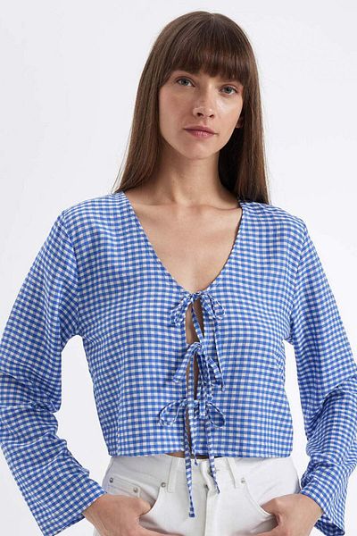 DeFacto Regular Fit Checked V Neck Tie Front Crinkle Long Sleeve Blouse D5099Ax24Au