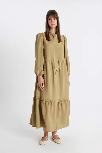 DeFacto Bow Collar Flounce Maxi Dress - Long Sleeve D4093Axkh176