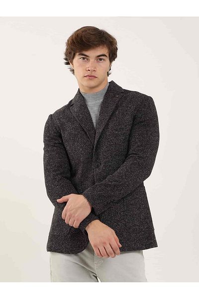Dufy Black Men's Slim Fit Melange Patterned Casual Mono Collar Jacket - 97219