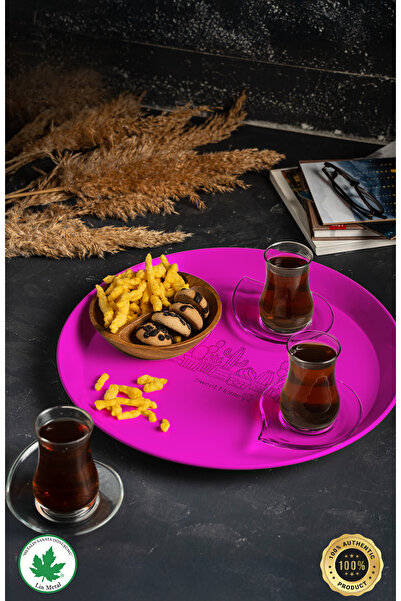 linmetal Metal Yuvarlak Servis Tepsisi 38cm, Kulpsuz, Sunum Tepsisi, Çay Kahve Tepsisi (KAKTÜS BASKILI) Fuşya