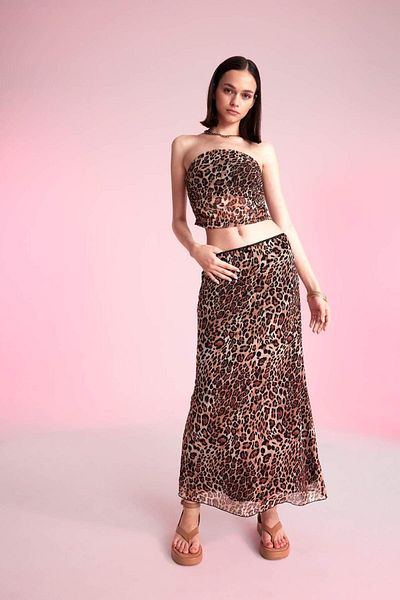 DeFacto Leopard Patterned Strapless Tulle Blouse D4792Ax24Au