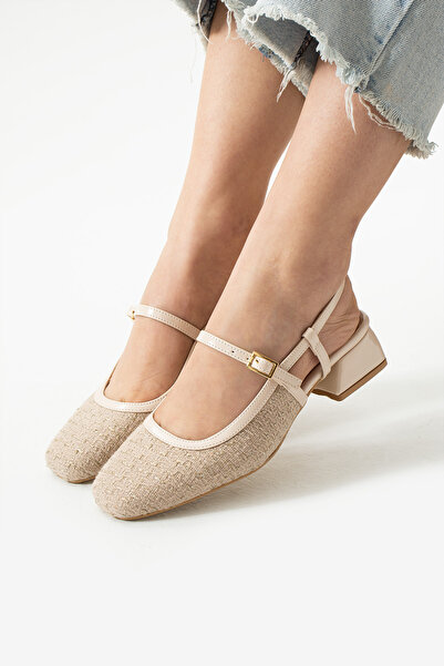 Pretty Girl Women's Beige Color Blunt Toe Belt Detail Short Heeled Women's Ba...