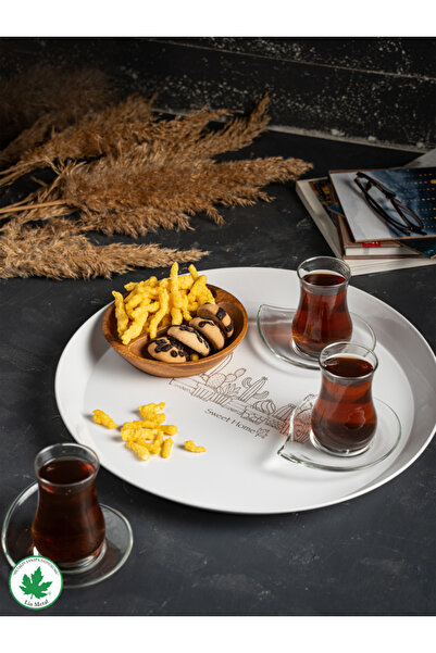 linmetal Metal Yuvarlak Servis Tepsisi 38cm, Kulpsuz, Sunum Tepsisi, Çay Kahve Tepsisi (KAKTÜS BASKILI)