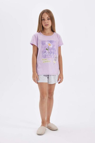 DeFacto Set pijamale cu mânecă scurtă imprimat pentru fete cu pantaloni scurți D2067A824SM