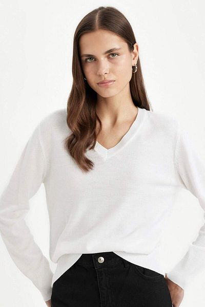 DeFacto Relax Fit Soft Textured V-Neck Basic Plain Knitwear Sweater C4024Ax24Wn