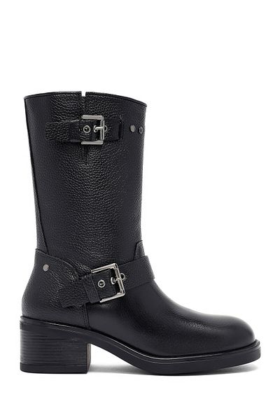 Derimod Women's Black Zippered Short Thick Heeled Leather Boots 25Wfd1857Ft