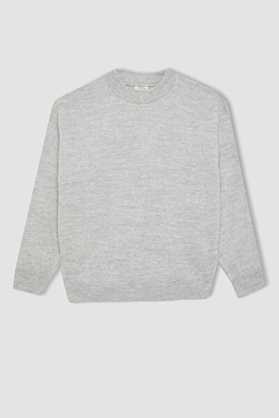 DeFacto Hellgrauer Basic-Pullover aus einfarbigem Strick mit Rundhalsausschnitt und Standard-Passform für Mädchen C6902A824AU