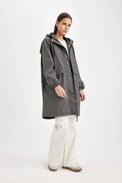 DeFacto Long Raincoat - Water Repellent, Hood, Windproof, Zip-Up and Pocket C0908Ax24Au