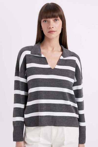DeFacto Pulover tricotat cu guler polo Relax Fit cu dungi A3861AX24WN