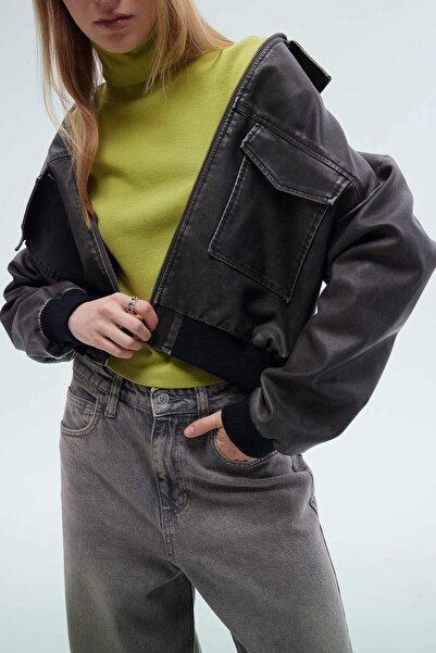 DeFacto Kunstleder-Polokragen-Jackenmantel mit Reißverschluss – wasserabweisend, normale Passform C1728ax24au