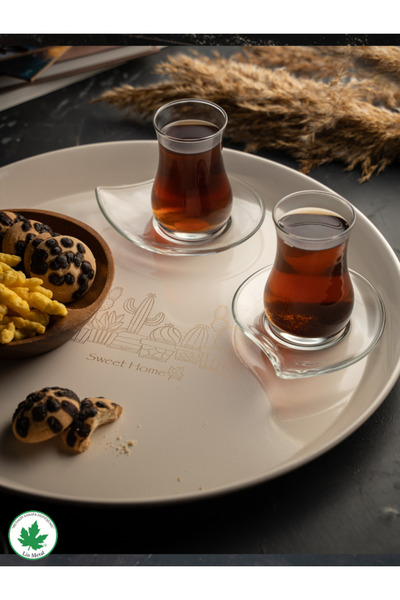 linmetal Metal Yuvarlak Servis Tepsisi 38cm, Kulpsuz Tepsi, Sunum Tepsisi, Çay Kahve Tepsisi (Kaktüs Baskılı)