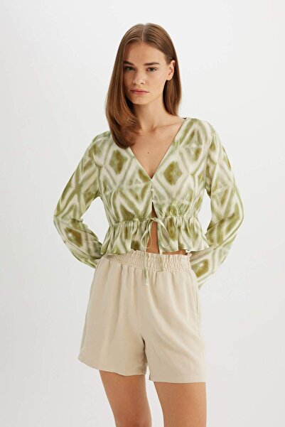 DeFacto V-Neck Patterned Viscose Long Sleeve Blouse - Buttoned Crinkle D3768Ax24Au