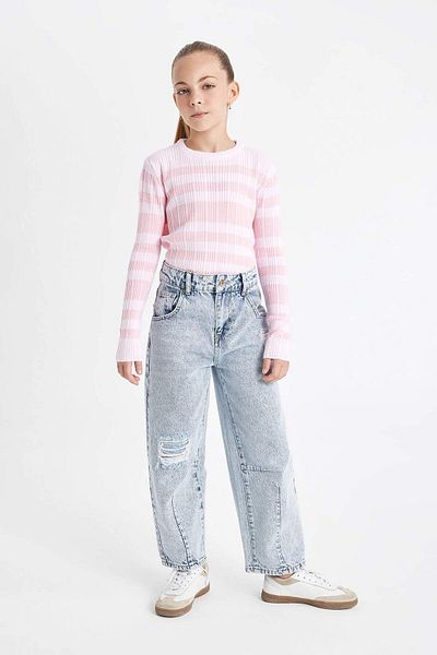 DeFacto Κοριτσίστικο ροζ ριγέ Standard Fit Crew λαιμόκοψη στενό πλεκτό πουλόβερ C6974A824AU