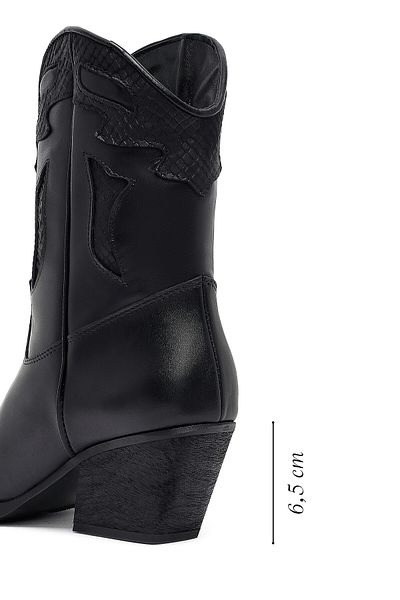 Derimod Women's Black Short Thick Heeled Leather Cowboy Boots 25Wfd182518