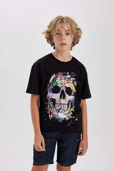 DeFacto Tricou cu mânecă scurtă cu imprimeu pentru băiat, oversize, cu decolteu lat, C6281A824HS