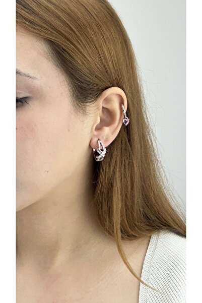 Neon Takı by Atalay Sensitive Tag and Zircon Stone, Cross Model Steel Earrings 626, Silver Color