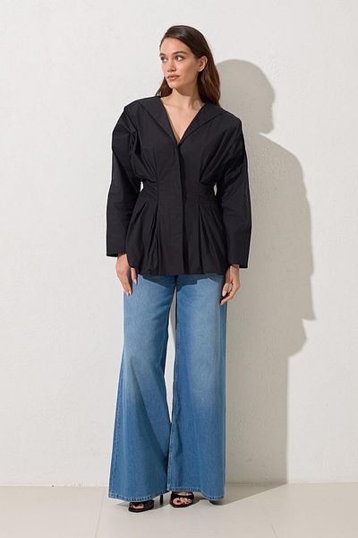 Setre Black 100% Cotton Comfortable Fit Blouse with Gathered Waist Detail