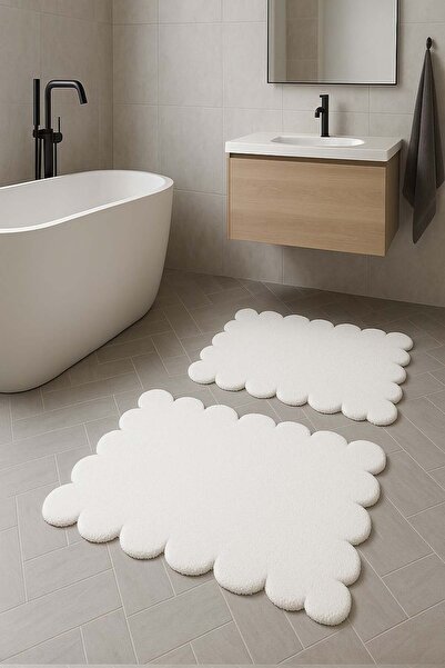 Balat Halı Lazer Kesim Beyaz Peluş Halı Banyo Paspası 2'li