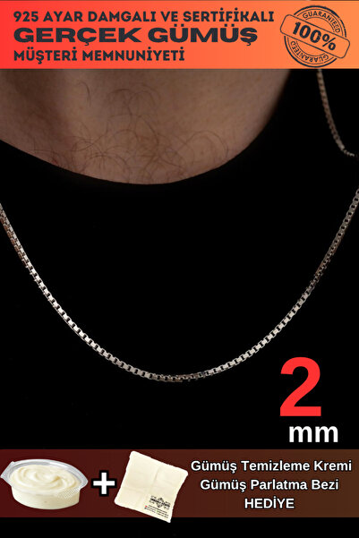 OSMANLI GÜMÜŞ Erkek Gümüş Kolye - 925 Ayar Küp Zincir Gümüş Kolye 2mm