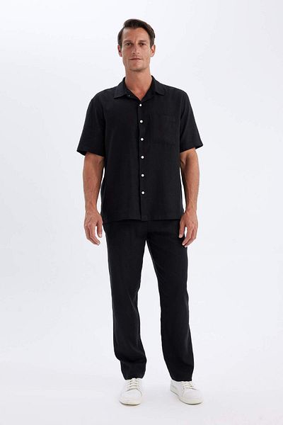 DeFacto Sommer-Polo – Basic-Solid-Kurzarmhemd aus Leinenmischung, entspannte Passform, C1110ax24sm