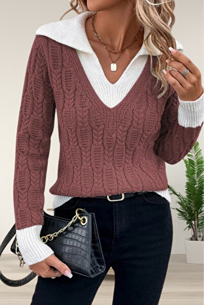 hanope Дамски пуловер с V-образно деколте за бягане, плетене на коса и канела