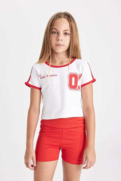 DeFacto Girls' Crop Crew Neck Printed Rib Short Sleeve T-Shirt D1624A824Hs