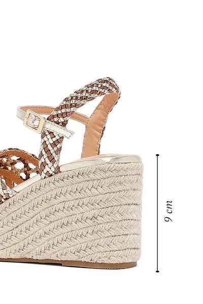 Derimod Women's Gold Ankle Buckle Wedge Heeled Knitted Sandals 25Sfe451829