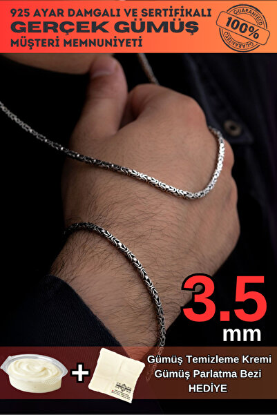 OSMANLI GÜMÜŞ Erkek Gümüş Kolye Bileklik Set - 3.5mm 925 Ayar Gümüş Kare Kral...