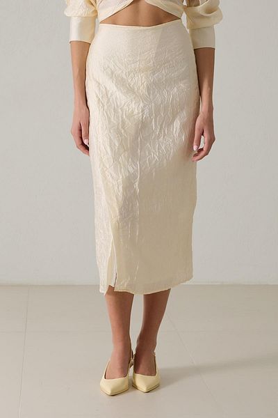 Setre Cream Binding Detailed Midi Length Crush Detailed Skirt