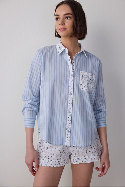 Penti Light Blue Lilah Shirt Collar Long Sleeve Shorts Pajamas Set