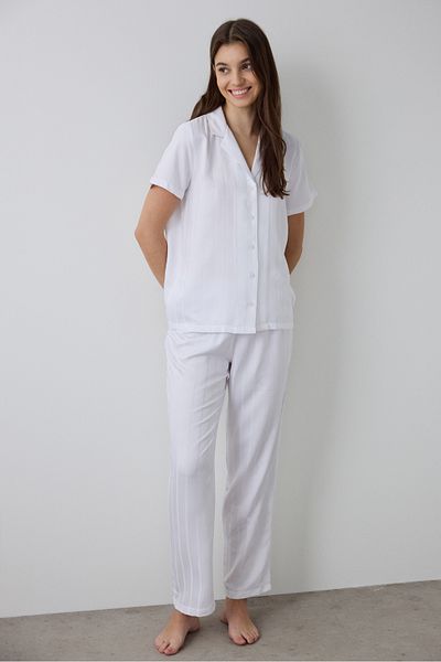 Penti Optical White Aria Satin Shirt Collar Short Sleeve Pajamas Set
