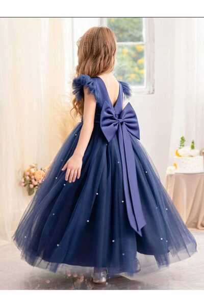 NSMLİFE Büzgülü/Fırfır Kollu Lacivert Uzun İncili Kız Çocuk Prenses Elbise Mezuniyet Doğum Günü Elbise