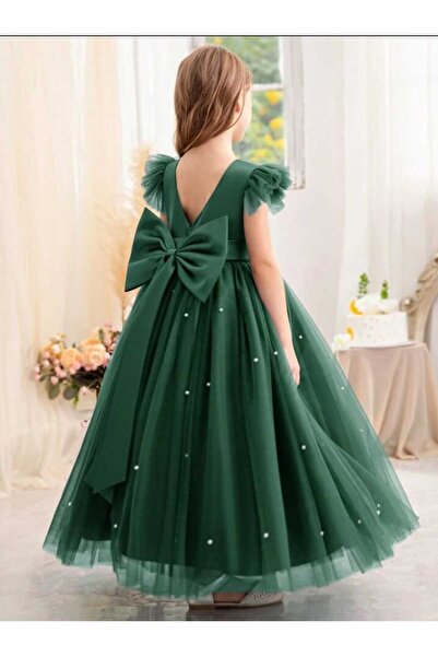 NSMLİFE Büzgülü/Fırfır Kollu Zümrüt Uzun İncili Kız Çocuk Prenses Elbise Mezuniyet Doğum Günü Elbise