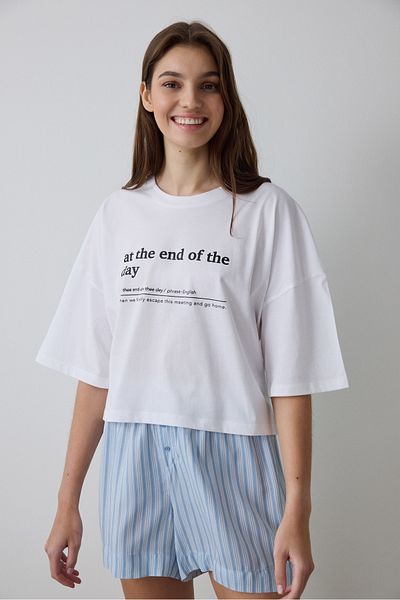 Penti Optical White Lilah Crew Neck Slogan Printed Crop Pajama Top