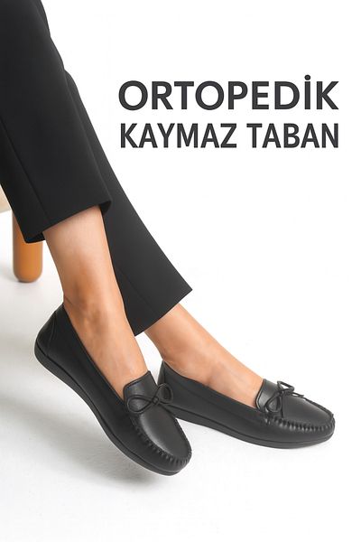 Ayakkabı Delisiyim Black Leather Women's Ballerinas – Orthopedic, Lightweight, Comfortable, Bow Accessory, Greenhouse, Casual Shoes