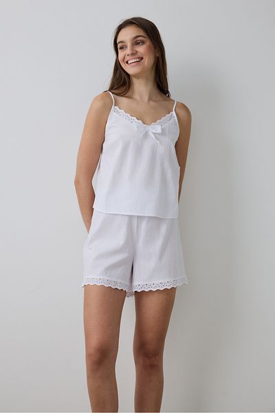 Penti Optical White Alia Ruched V Neck Adjustable Strap Shorts Pajama Set