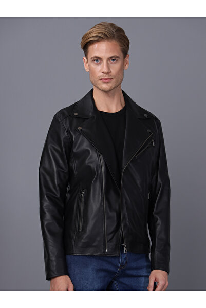 Basics&More Erkek Biker Siyah Deri Ceket - E2021
