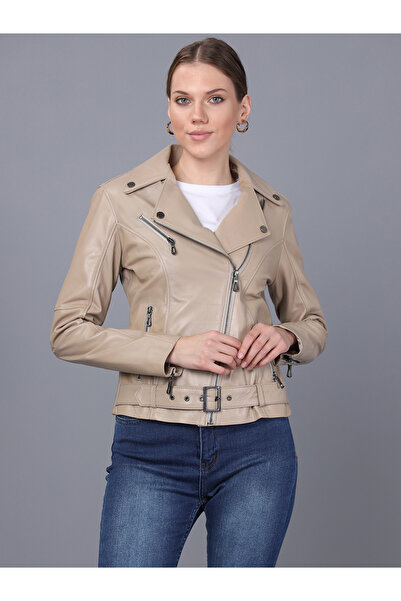 Basics&More Kadın Biker Bej Deri Ceket - BM01