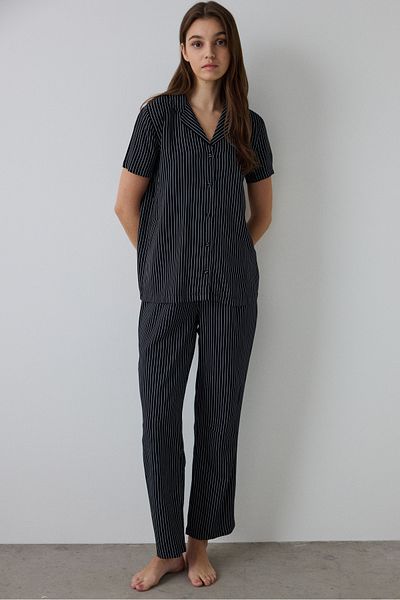 Penti Black Striped Shirt Collar Short Sleeve Pajama Set