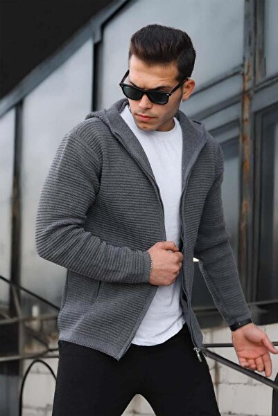 Valiberta Трикотажний кардиган/жакет з капюшоном на блискавці, з підйомними рукавами, димчастого кольору