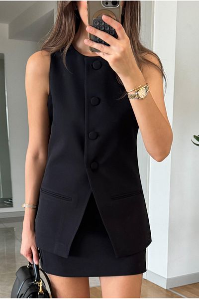 My Blog Set vestă neagră de in și fustă mini